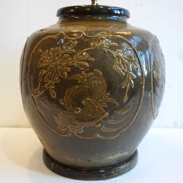Chinese Qing Brown Glaze Pottery Jar One-Light Table Lamp