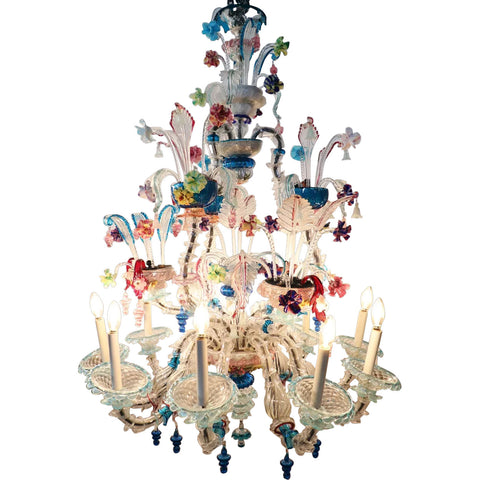 Large Vintage Italian Ca'Rezzonico Galliano Ferro Murano Multi-Colored Glass 12-Light Chandelier