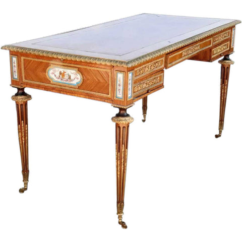 French/English Louis XVI Style Oak, Kingswood Veneer, Porcelain and Leather Desk