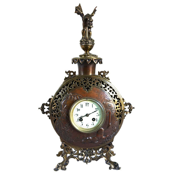 French Parisian A.D. Mougin Aesthetic Movement Gilt and Patinated Bronze Mantel Clock