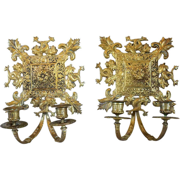 Pair of French Gilt Brass Two-Light Candle Wall Sconces