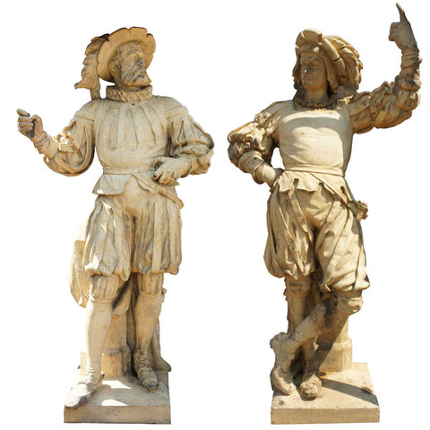 Important Pair of ALEXANDER CALANDRELLI Terracotta Pottery Lansquenet Statues