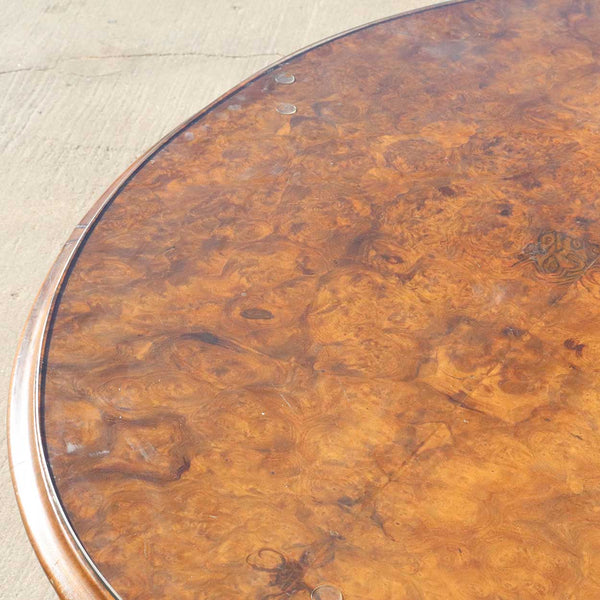 English Victorian Circassian Walnut and Glass Oval Tilt-Top Pedestal Breakfast / Loo Table