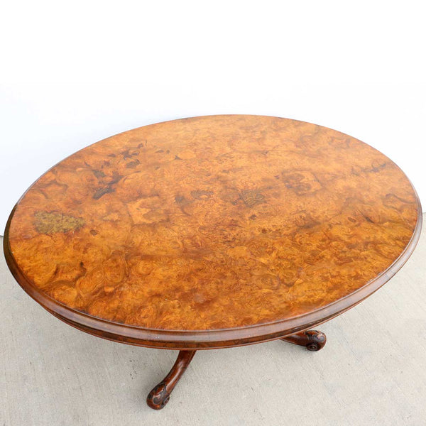 English Victorian Circassian Walnut and Glass Oval Tilt-Top Pedestal Breakfast / Loo Table