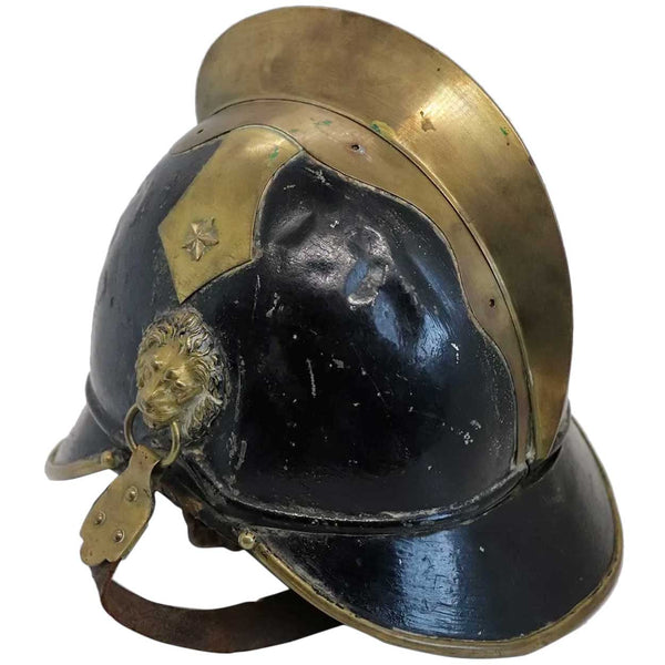 European Brass, Painted Iron and Leather Fire Brigade Helmet