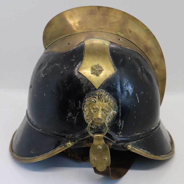 European Brass, Painted Iron and Leather Fire Brigade Helmet