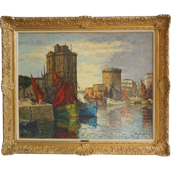 CHARLES COUSIN Oil on Board Painting, La Rochelle Harbor Port, France