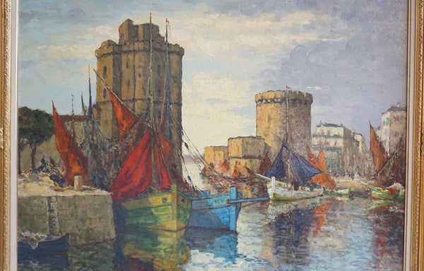 CHARLES COUSIN Oil on Board Painting, La Rochelle Harbor Port, France