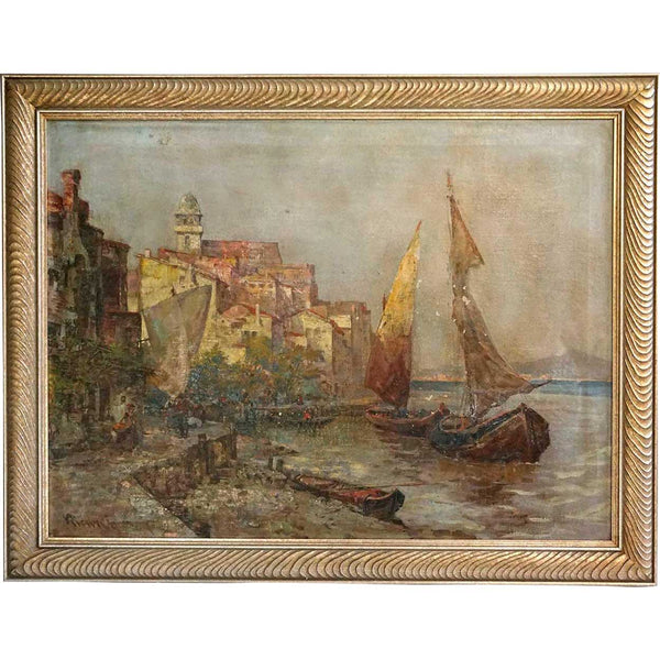 M. RICARDO Oil on Canvas Painting, European Harbor Scene