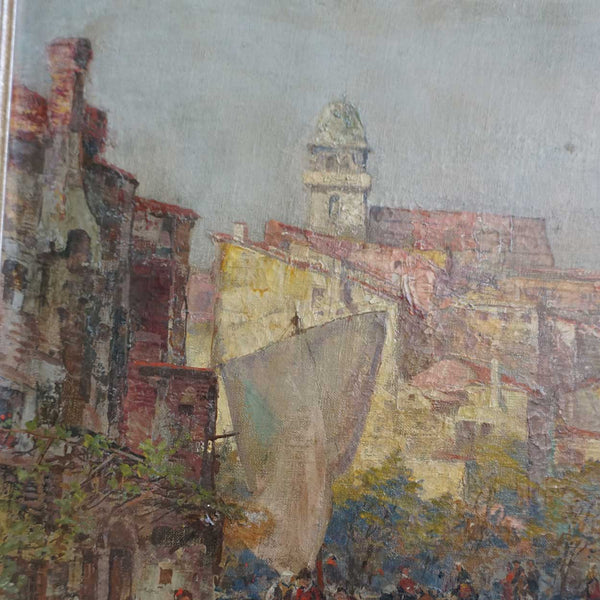 M. RICARDO Oil on Canvas Painting, European Harbor Scene