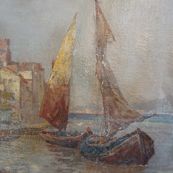 M. RICARDO Oil on Canvas Painting, European Harbor Scene
