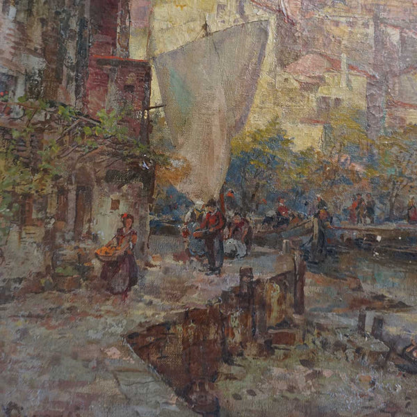 M. RICARDO Oil on Canvas Painting, European Harbor Scene