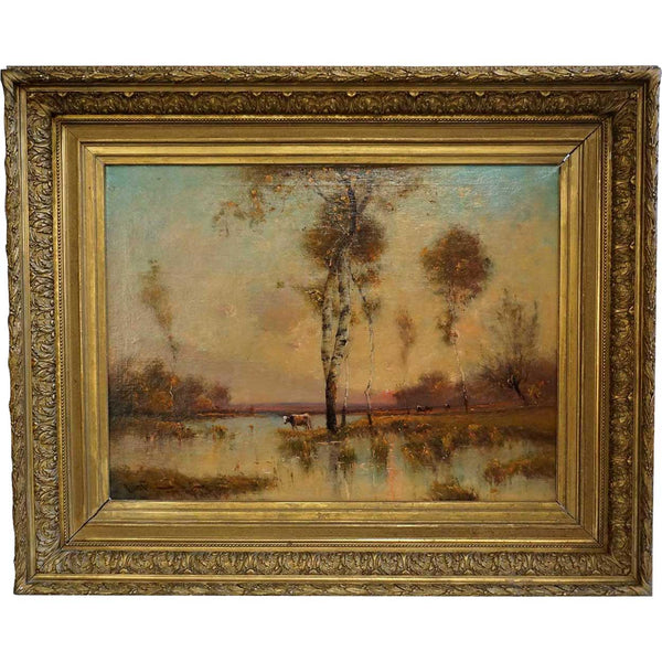 Large French School Oil on Canvas Painting, Cows Grazing by the River
