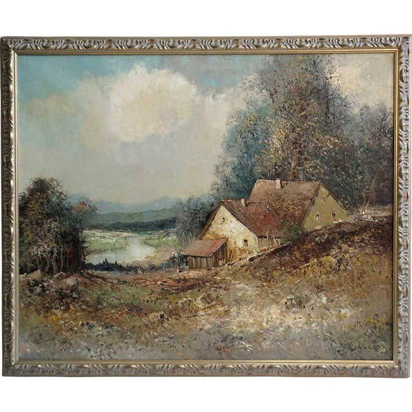 WILLI BAUER Large Oil on Canvas Painting, Impressionist Riverside Cottage