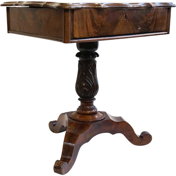 Small English Victorian Flame Mahogany Sewing Stand Pedestal Side Table