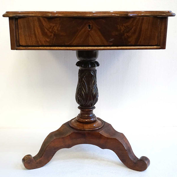 Small English Victorian Flame Mahogany Sewing Stand Pedestal Side Table
