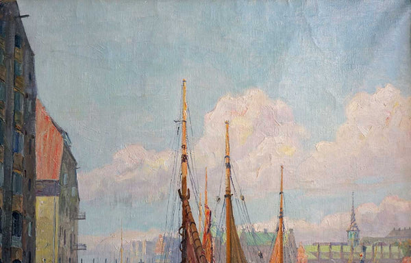 ROBERT PON Oil on Canvas Painting, European Fishing Boats at the Dock
