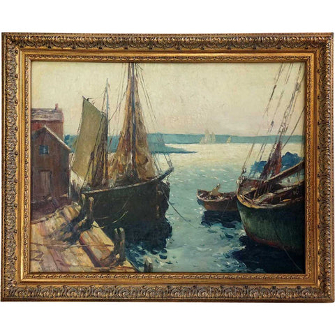 C. RICHARDS Oil on Canvas Painting, Fishing Boats at the Dock