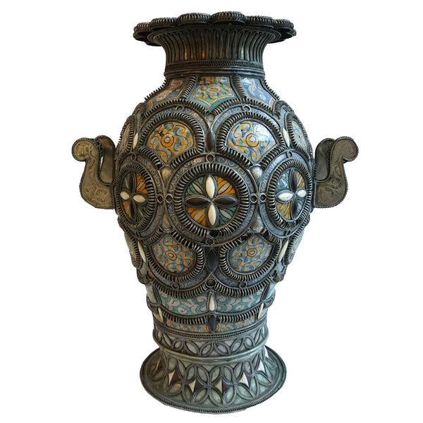 Large Moroccan Fez Nickel-Silver Filigree Mounted Pottery Urn