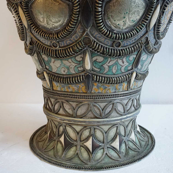 Large Moroccan Fez Nickel-Silver Filigree Mounted Pottery Urn