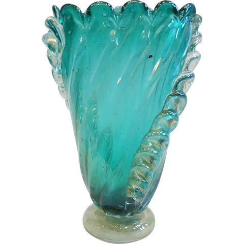 Vintage Italian Barovier & Toso Green and Gold Adventurine Bullicante Art Glass Vase