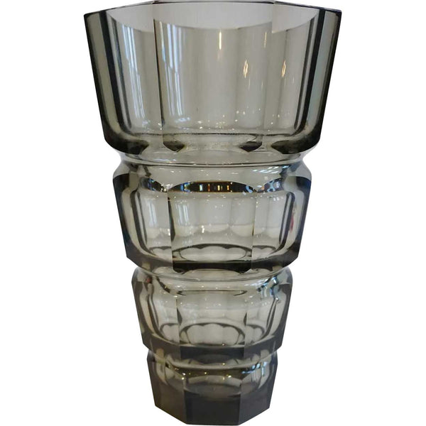 Large Josef Hoffmann for Moser Art Deco Faceted Smokey Topaz Glass Vase