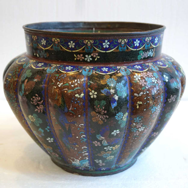 Japanese Meiji Cloisonne Enamel Copper Melon Ribbed Planter