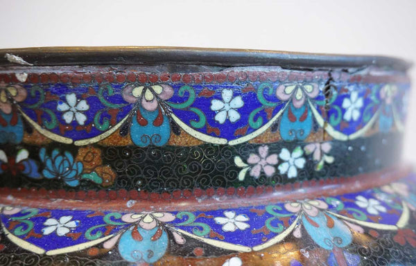 Japanese Meiji Cloisonne Enamel Copper Melon Ribbed Planter