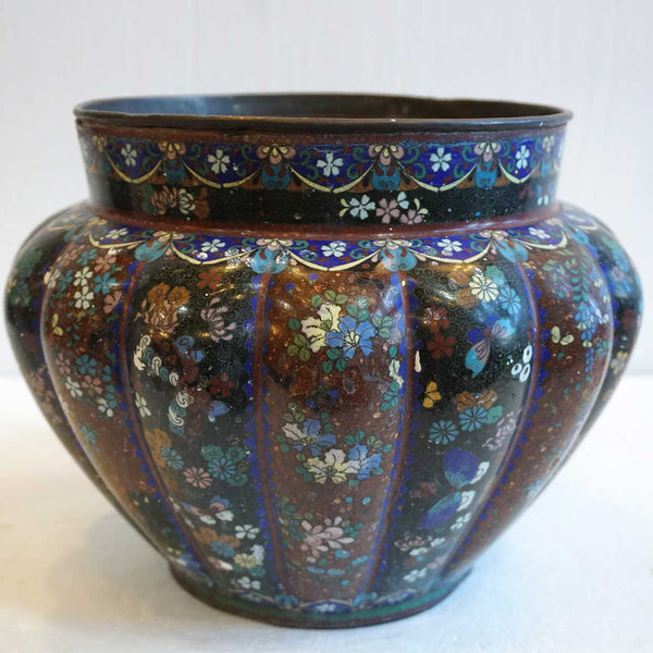 Japanese Meiji Cloisonne Enamel Copper Melon Ribbed Planter