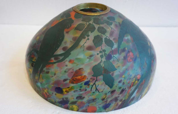 Large Rare American Pittsburgh Glass End-of-Day Enamel Parrots Dome Lamp Shade