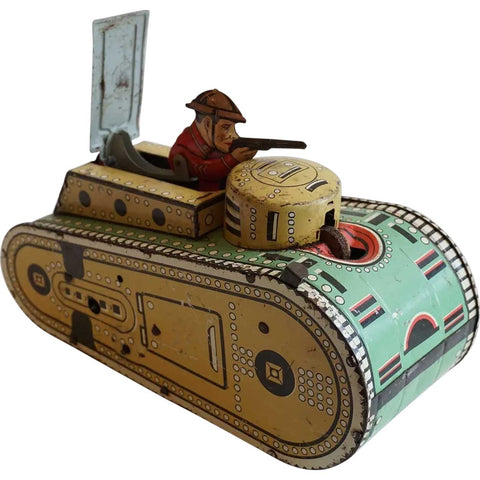 Vintage American Marx WWI Doughboy Tin Lithograph Army Tank Toy