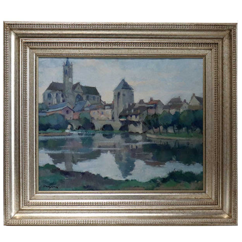 LOUIS JACQUES VIGON Oil on Canvas Painting, Cathedral along Moret-sur-Loing, France