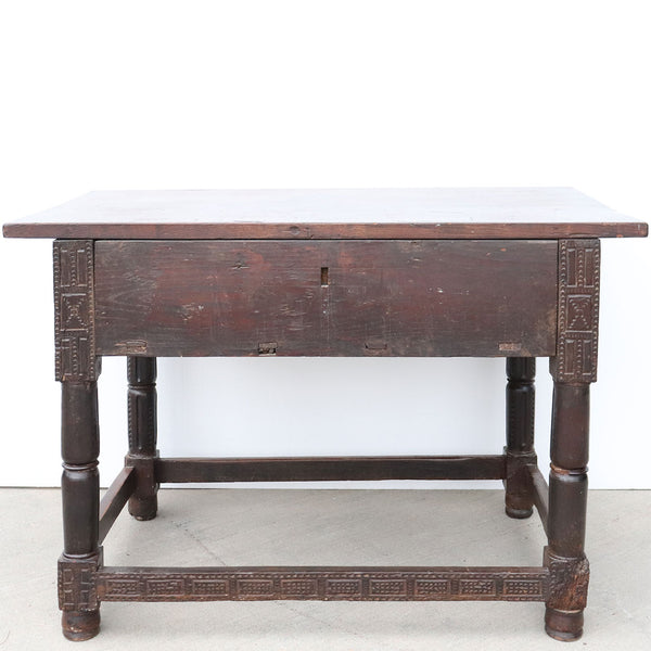 Spanish Baroque Oak and Walnut Carved Two-Drawer Table