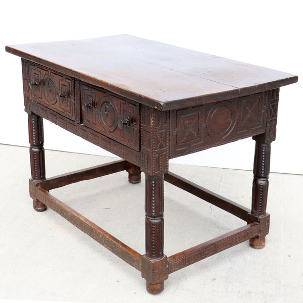 Spanish Baroque Oak and Walnut Carved Two-Drawer Table