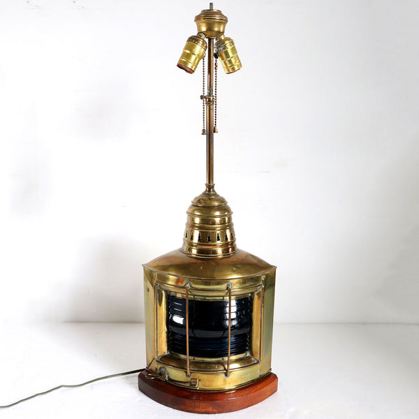 American Brass, Glass and Mahogany Ship's Lantern Three-Light Table Lamp