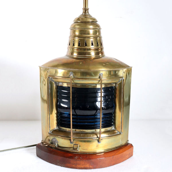 American Brass, Glass and Mahogany Ship's Lantern Three-Light Table Lamp