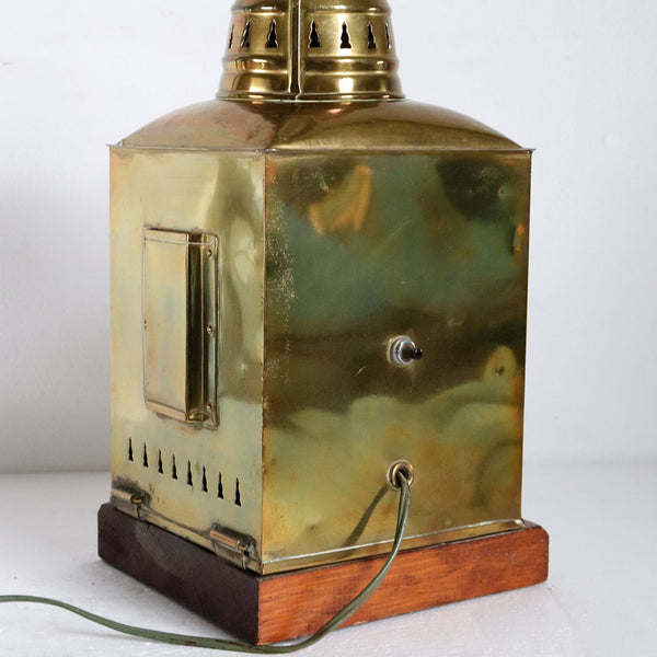 American Brass, Glass and Mahogany Ship's Lantern Three-Light Table Lamp