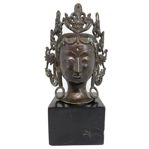 Thai/Nepalese Buddhist Bronze and Turquoise Tara Bodhisattva Bust on Stand