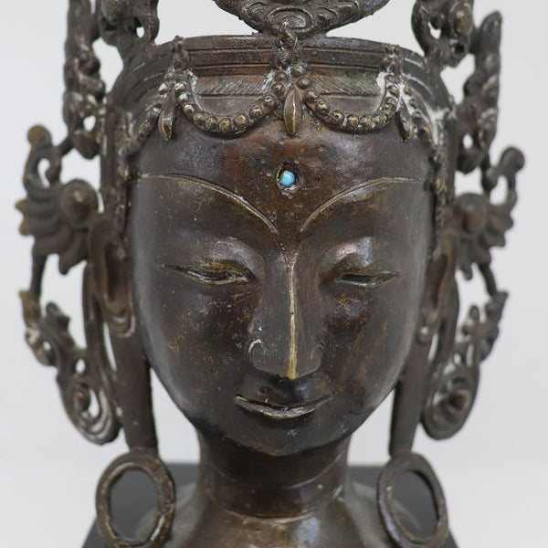 Thai/Nepalese Buddhist Bronze and Turquoise Tara Bodhisattva Bust on Stand