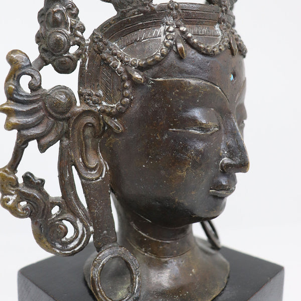Thai/Nepalese Buddhist Bronze and Turquoise Tara Bodhisattva Bust on Stand