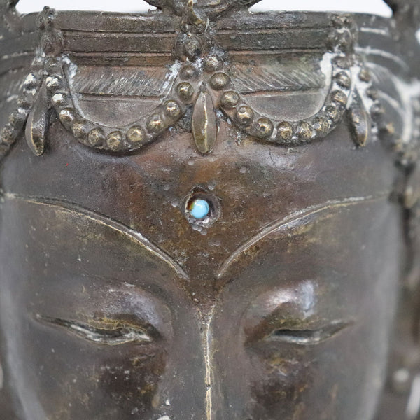 Thai/Nepalese Buddhist Bronze and Turquoise Tara Bodhisattva Bust on Stand