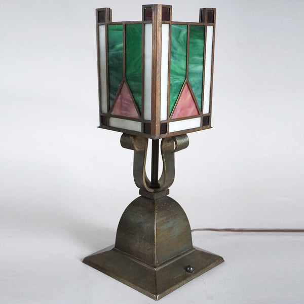 Pair of American Arts and Crafts Brass and Leaded Glass One-Light Table Lamps