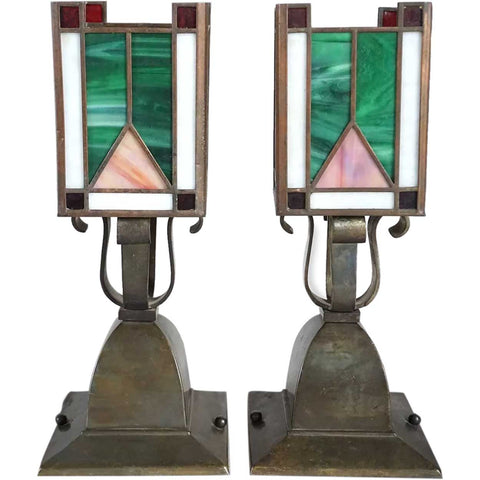 Pair of American Arts and Crafts Brass and Leaded Glass One-Light Table Lamps