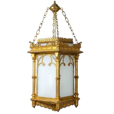 English Gothic Revival Gilt and Zinc Hanging Three-Light Hall Lantern