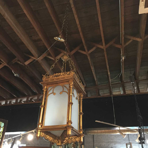 English Gothic Revival Gilt and Zinc Hanging Three-Light Hall Lantern