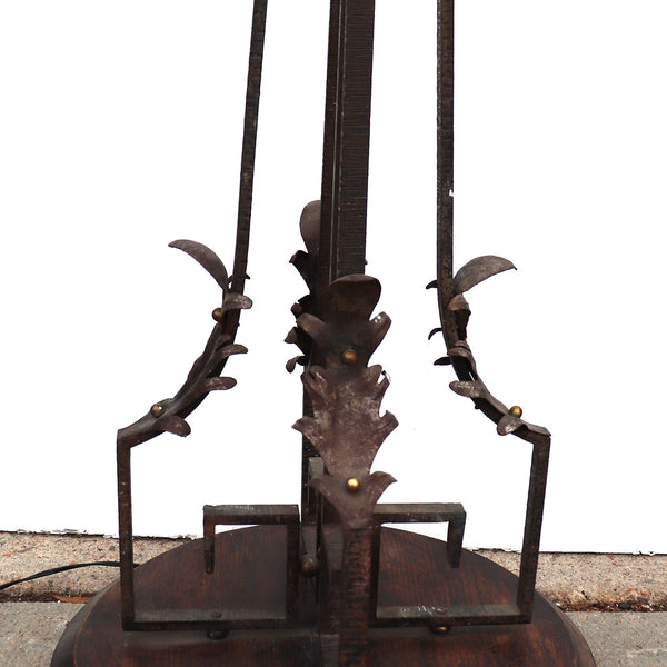 French Art Deco Wrought Iron, Brass and Wood One-Light Floor Lamp