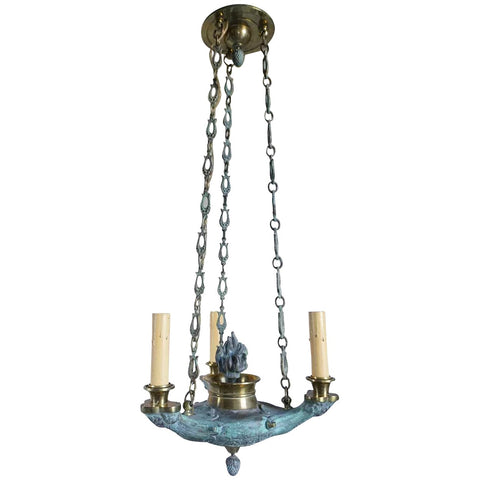 Small French Empire Style Verdigris Brass Three-Light Chandelier