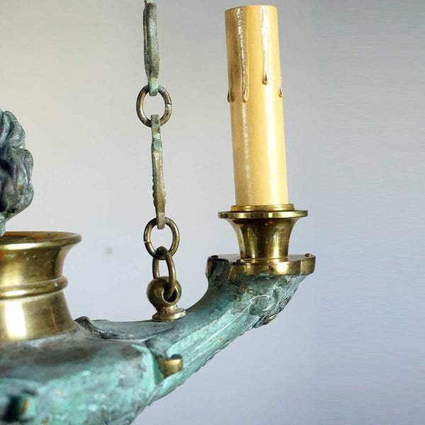 Small French Empire Style Verdigris Brass Three-Light Chandelier