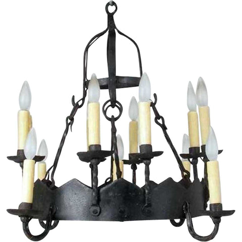 Gothic Revival Hand Forged Black Iron 12-Light Chandelier