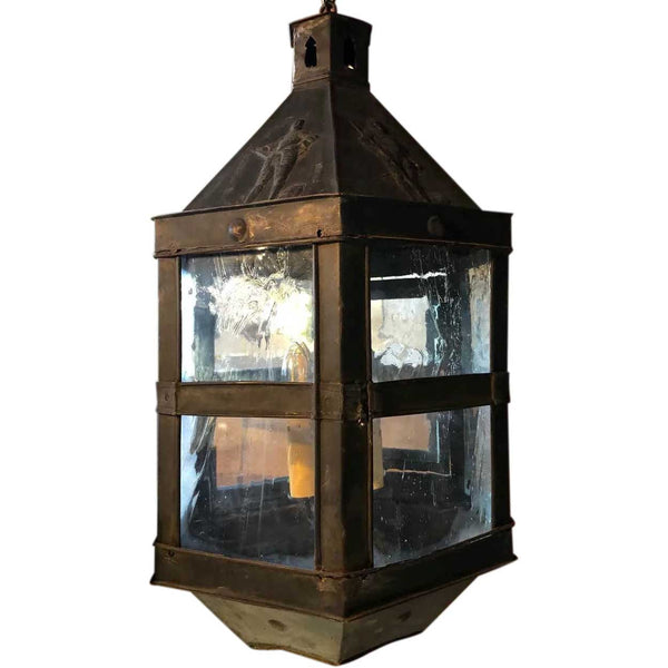 Belgian Patinated Copper Repousse and Glass Four-Light Hanging Lantern
